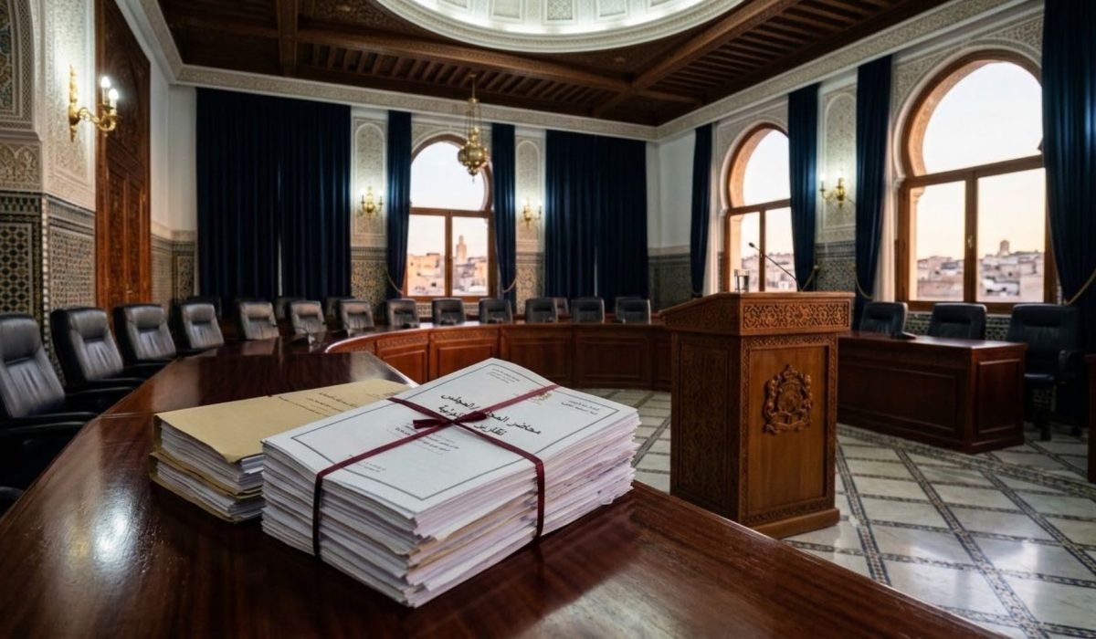 قاعة مؤسساتية مغربية فارغة برموز رسمية توحي بمداولات قانونية حول تنظيم المجلس الوطني للصحافة