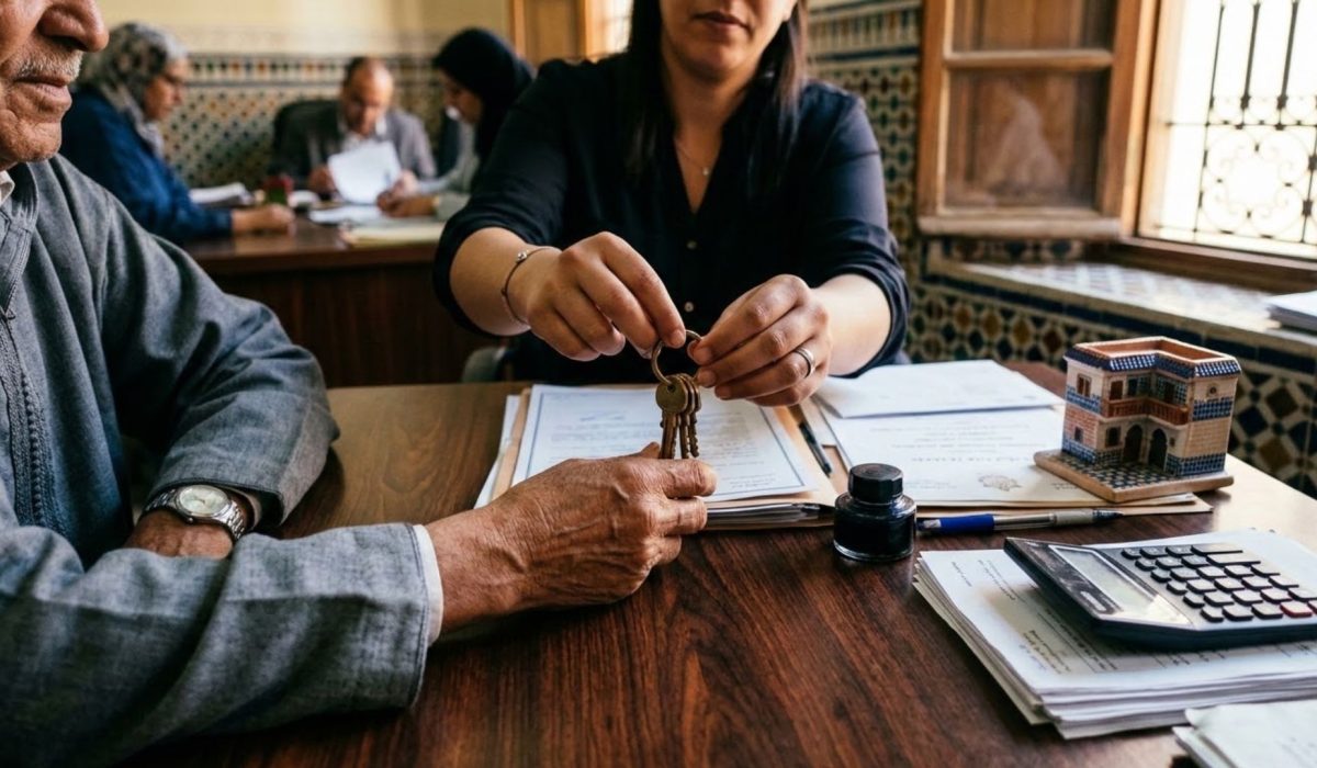 تسليم مفاتيح منزل فوق مكتب موثق مع وثائق وآلة حاسبة في إشارة لمصاريف شراء عقار بالمغرب