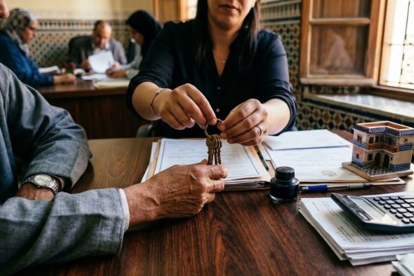 تسليم مفاتيح منزل فوق مكتب موثق مع وثائق وآلة حاسبة في إشارة لمصاريف شراء عقار بالمغرب