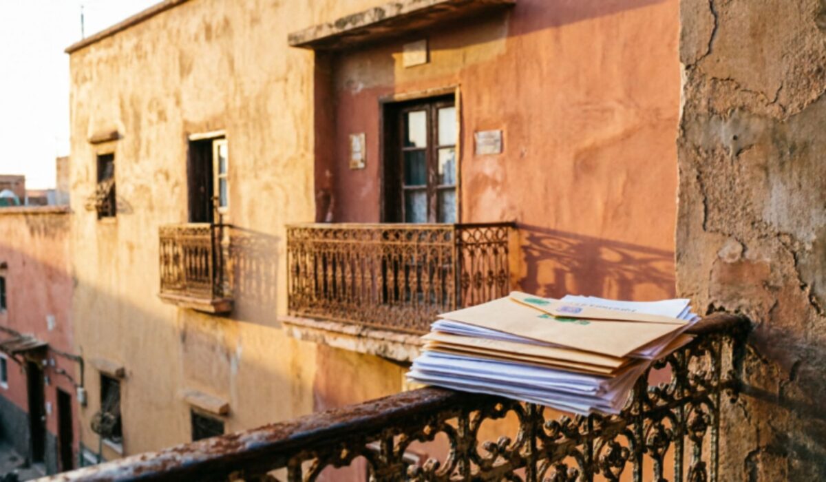 واجهة عمارة سكنية مغربية بألوان ترابية دافئة مع أوراق إدارية موضوعة على درابزين شرفة، ترمز لموضوع ضريبة السكن والإشعارات الضريبية