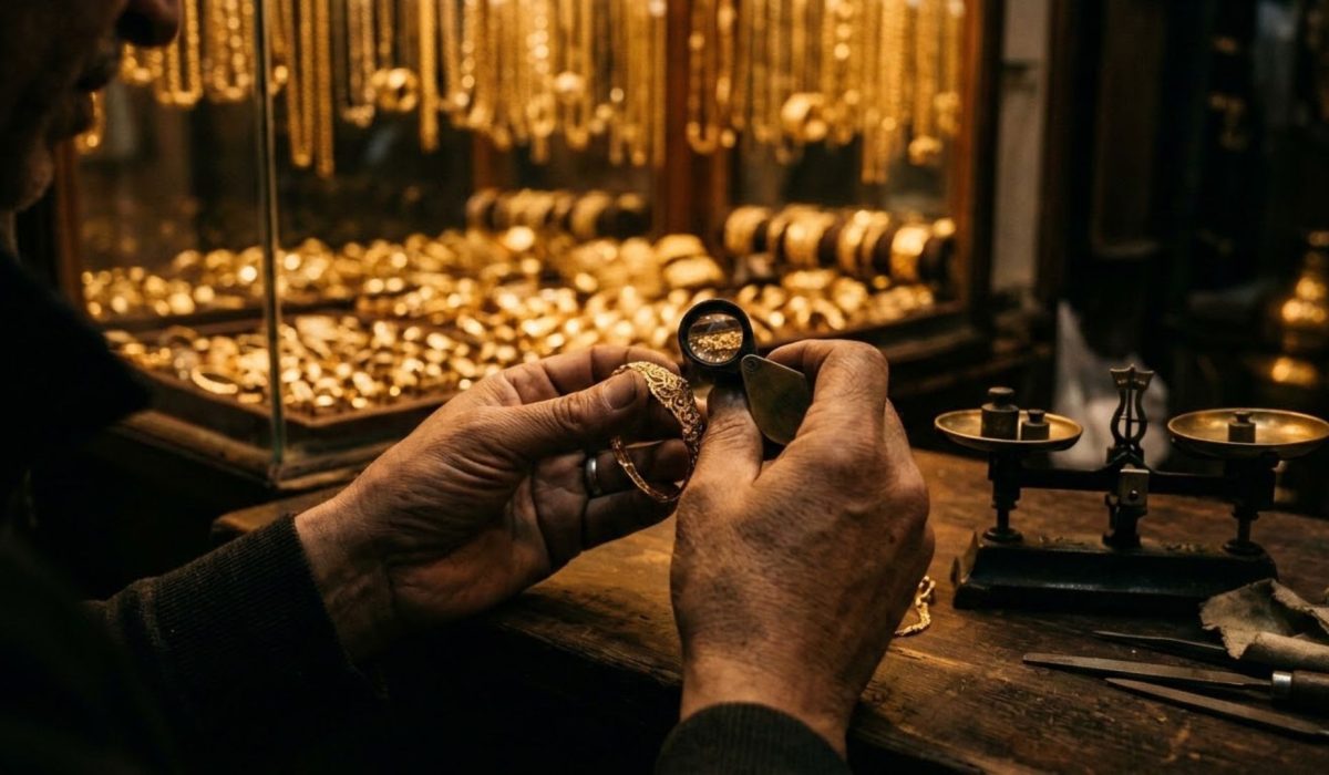 صائغ يفحص سوار ذهب بالمكبرة في سوق مغربي في إشارة لتحقيق مجلس المنافسة في أسعار الذهب بالمغرب