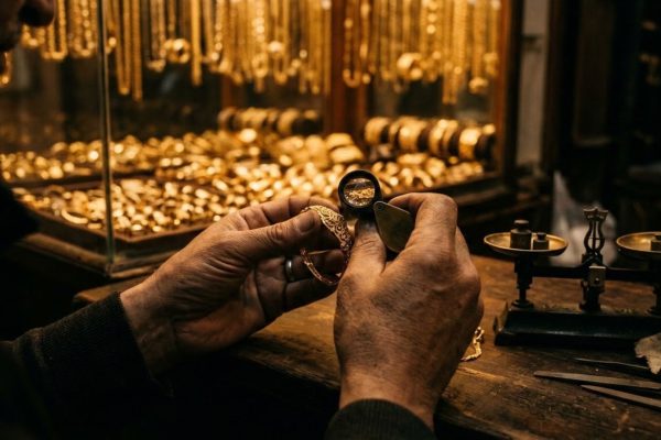 صائغ يفحص سوار ذهب بالمكبرة في سوق مغربي في إشارة لتحقيق مجلس المنافسة في أسعار الذهب بالمغرب