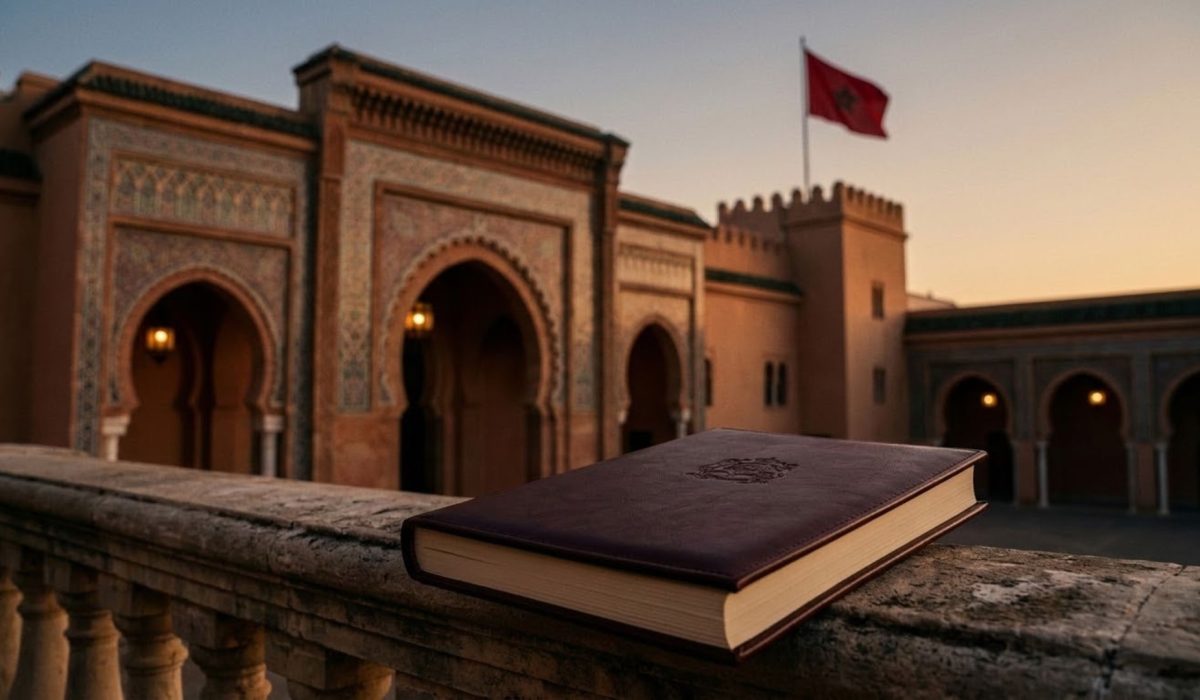 واجهة قصر ملكي مغربي تقليدي عند الغروب ترمز إلى تقديم التقرير السنوي لبنك المغرب أمام الملك