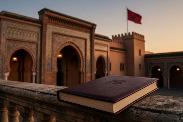 واجهة قصر ملكي مغربي تقليدي عند الغروب ترمز إلى تقديم التقرير السنوي لبنك المغرب أمام الملك