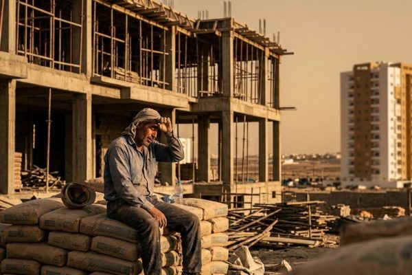 عامل بناء مغربي متعب يجلس وحيدا في ورش غير مكتمل، يرمز إلى أزمة اليد العاملة والفجوة بين الأجر والجهد
