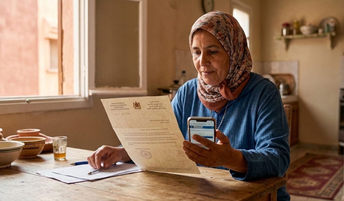 امرأة مغربية تقارن بين هاتفها ووثيقة رسمية حول الدعم الاجتماعي المباشر والمنحة الاستثنائية