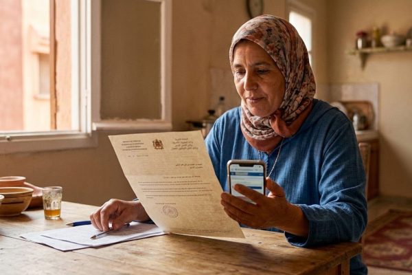 امرأة مغربية تقارن بين هاتفها ووثيقة رسمية حول الدعم الاجتماعي المباشر والمنحة الاستثنائية