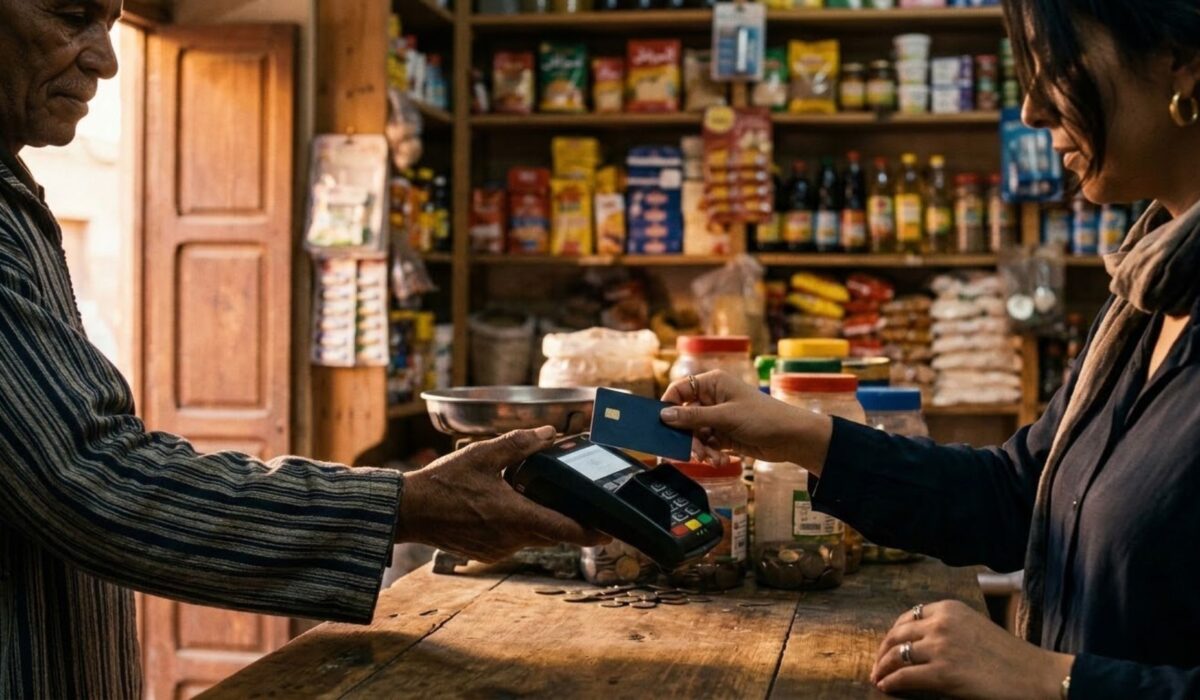 تاجر قرب مغربي يستقبل أداء بالبطاقة البنكية عبر جهاز الأداء الإلكتروني داخل حانوت