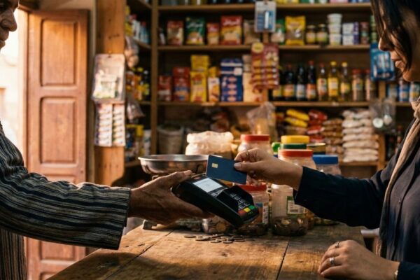 تاجر قرب مغربي يستقبل أداء بالبطاقة البنكية عبر جهاز الأداء الإلكتروني داخل حانوت