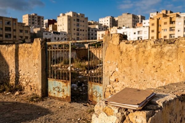 أرض مسيَّجة مهملة وسط حي سكني مغربي ترمز لخطر الاستيلاء على عقارات الغير