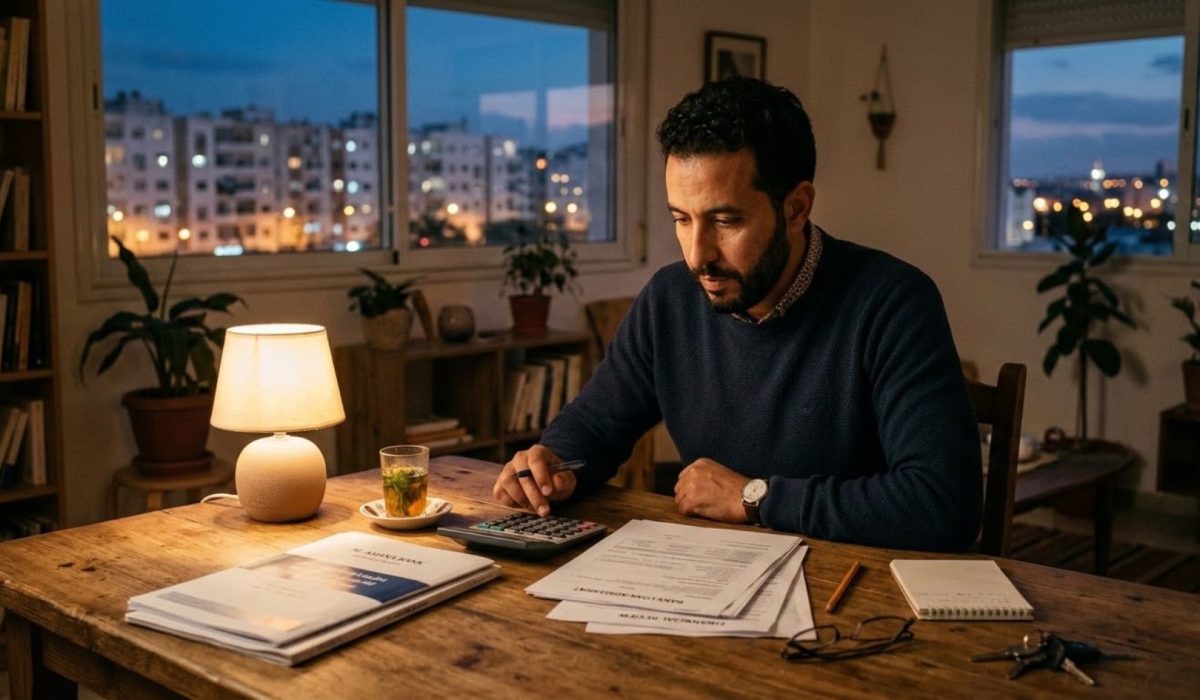 مواطن مغربي يتأمل وثائق قرض السكن على طاولة منزله في إشارة للنقاش حول الربا وسعر الفائدة
