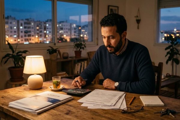 مواطن مغربي يتأمل وثائق قرض السكن على طاولة منزله في إشارة للنقاش حول الربا وسعر الفائدة