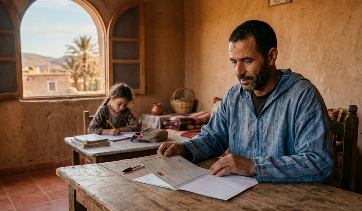 أب مغربي في بيت قروي بسيط يراجع وثيقة رسمية متعلقة بالدعم الاجتماعي بينما تدرس ابنته بجانبه