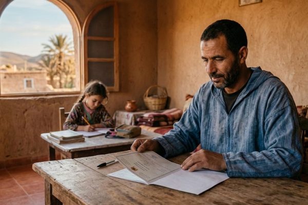 أب مغربي في بيت قروي بسيط يراجع وثيقة رسمية متعلقة بالدعم الاجتماعي بينما تدرس ابنته بجانبه