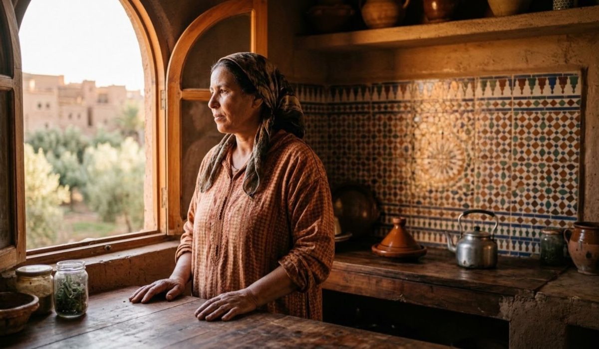 امرأة مغربية تقف متأملة في مطبخ منزلها التقليدي، ترمز إلى سنوات العمل المنزلي غير المعترف به قانونيا