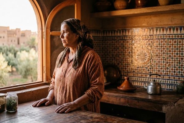 امرأة مغربية تقف متأملة في مطبخ منزلها التقليدي، ترمز إلى سنوات العمل المنزلي غير المعترف به قانونيا