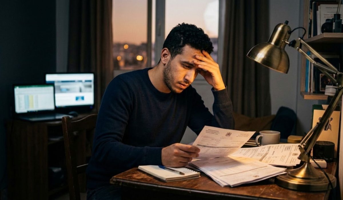شاب مغربي مقاول ذاتي يراجع بقلق فواتير ووثائق ضريبية على مكتبه المنزلي