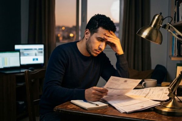 شاب مغربي مقاول ذاتي يراجع بقلق فواتير ووثائق ضريبية على مكتبه المنزلي